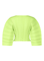The ISSEY MIYAKE LINEN LIKE RIB PLEATS is a lime green, cropped cardigan with box pleats, wide structured long sleeves, and a linen-like texture, shown from the back on a white background.