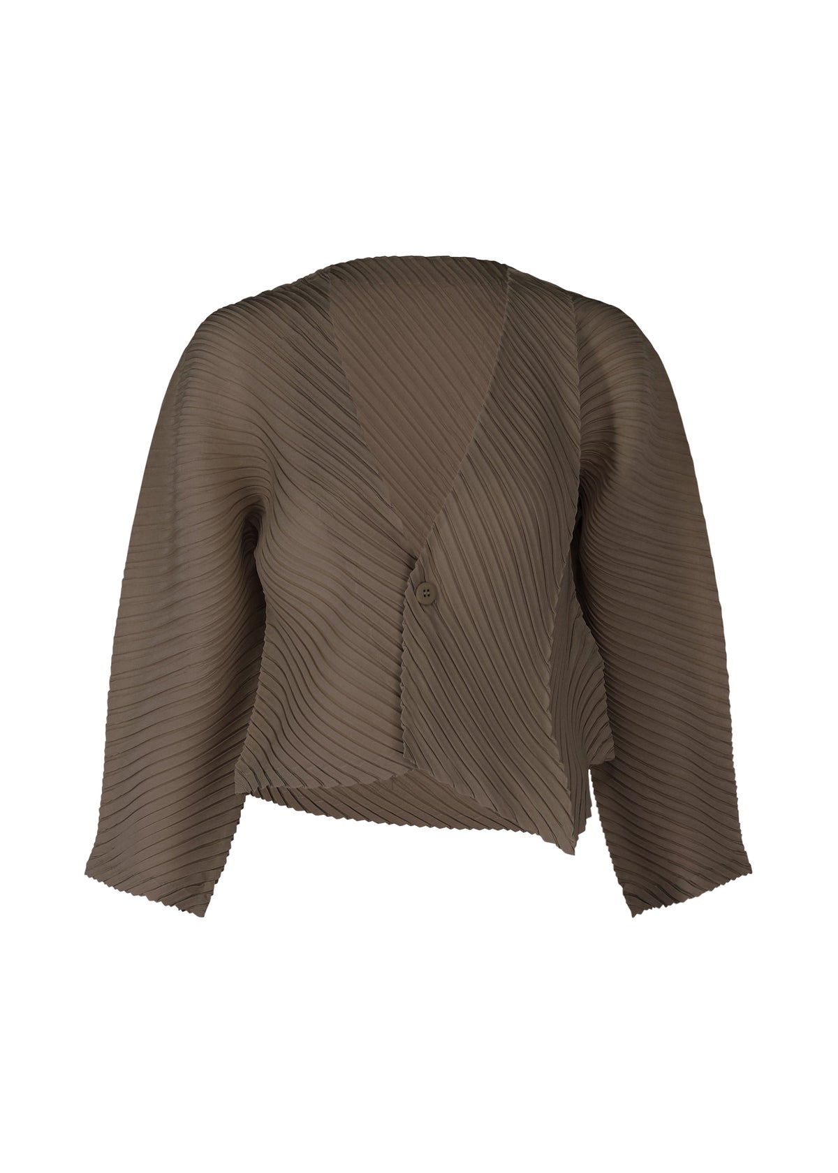 The PLASTER PLEATS SOLID blouse by ISSEY MIYAKE is a brown, long-sleeve crêpe de Chine top with pleats, an asymmetrical hem, V-neckline, single front button closure, and a textured diagonal ribbed pattern. view 2 of 7