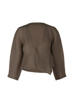 The PLASTER PLEATS SOLID blouse by ISSEY MIYAKE is a brown, long-sleeve crêpe de Chine top with pleats, an asymmetrical hem, V-neckline, single front button closure, and a textured diagonal ribbed pattern. - DARK BROWN （no.45）