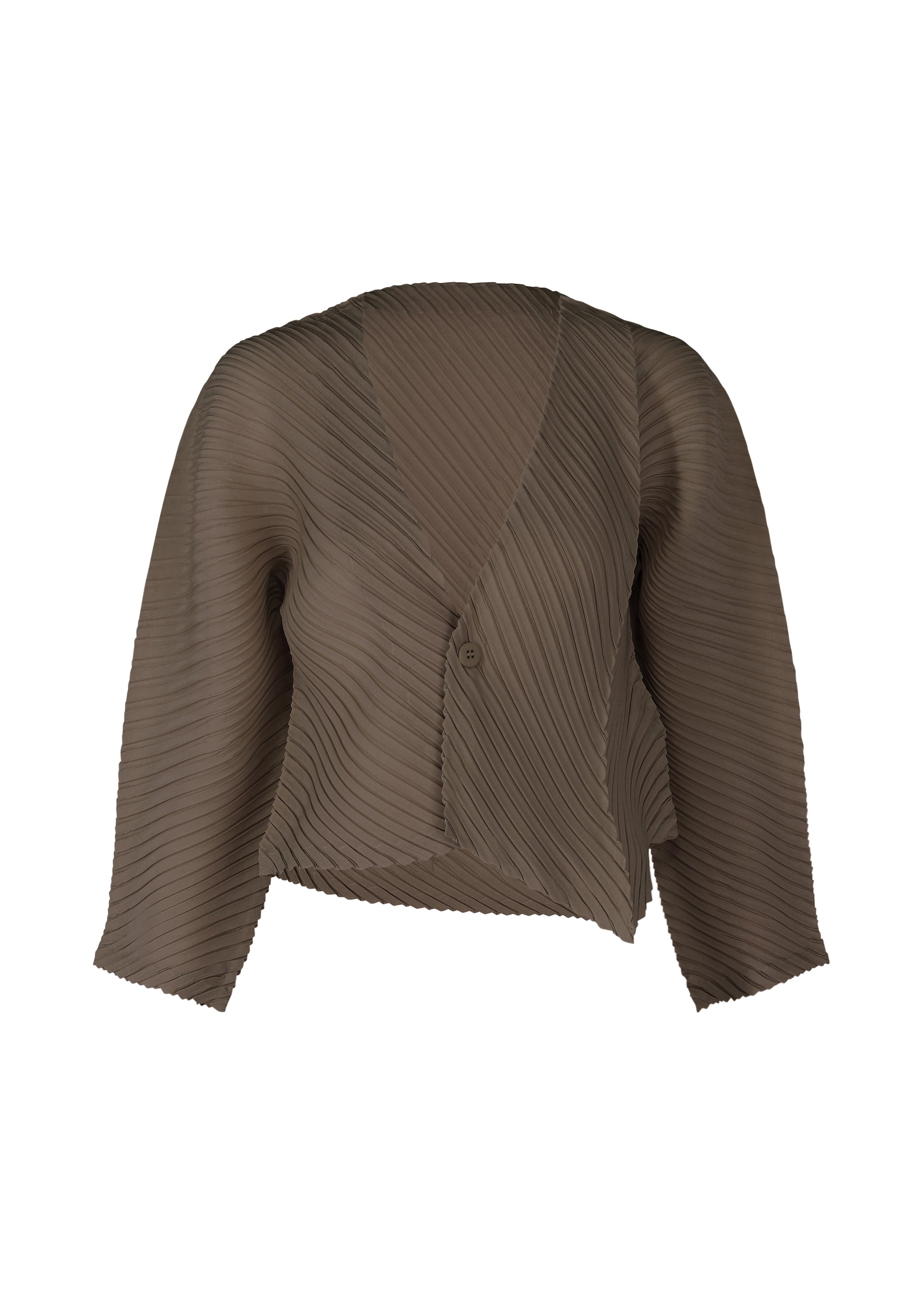 Zoomed view The PLASTER PLEATS SOLID blouse by ISSEY MIYAKE is a brown, long-sleeve crêpe de Chine top with pleats, an asymmetrical hem, V-neckline, single front button closure, and a textured diagonal ribbed pattern. - DARK BROWN （no.45）