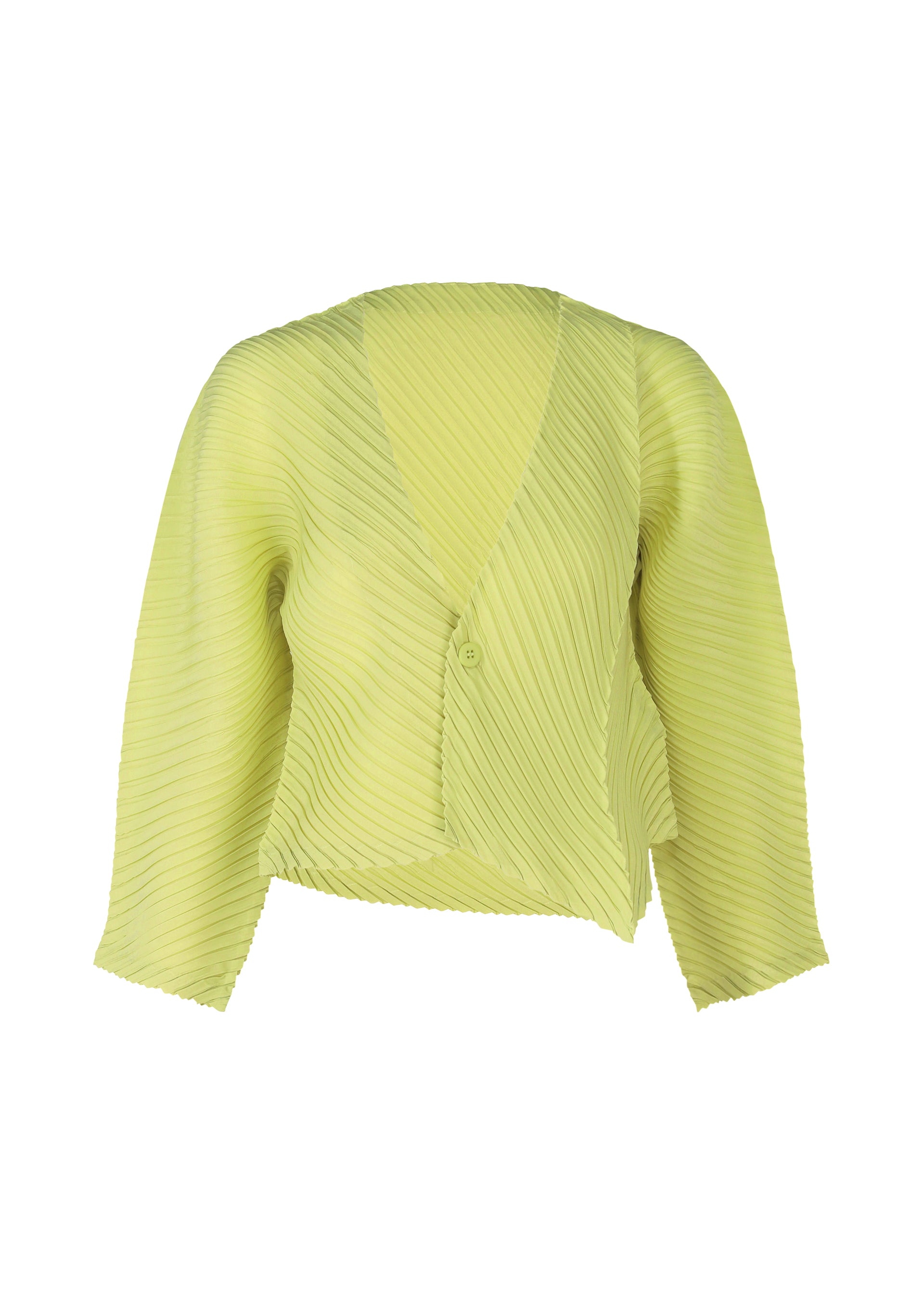 Zoomed view The PLASTER PLEATS SOLID blouse by ISSEY MIYAKE features light yellow crêpe de Chine, long sleeves, diagonal textured lines, a V-neck, asymmetrical hem, and a single front button closure. - LIGHT GREEN （no.61）