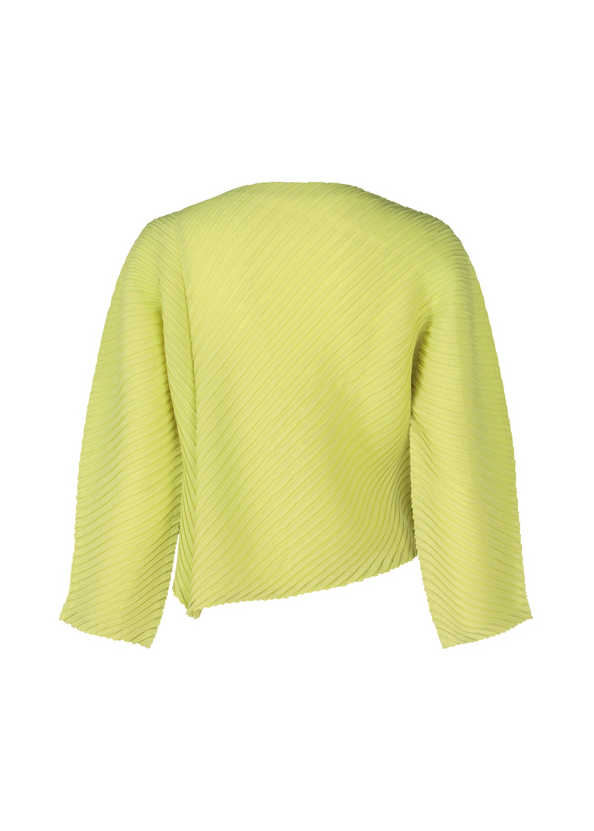 The ISSEY MIYAKE PLASTER PLEATS SOLID cardigan, in light yellow, features a ribbed texture, long sleeves, and is displayed from the back against a white background. view 4 of 7