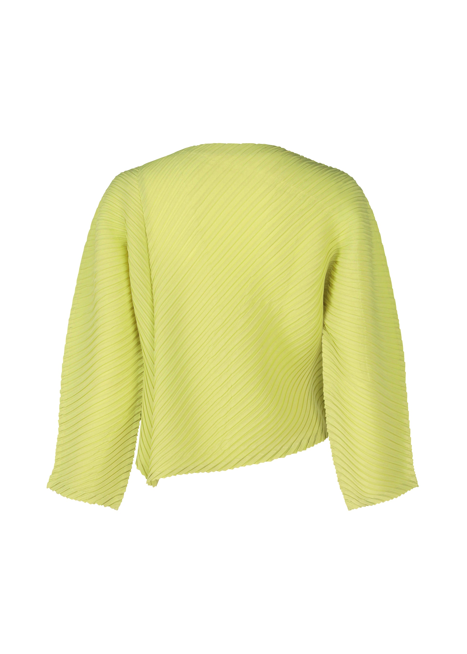 Zoomed view The ISSEY MIYAKE PLASTER PLEATS SOLID cardigan, in light yellow, features a ribbed texture, long sleeves, and is displayed from the back against a white background.