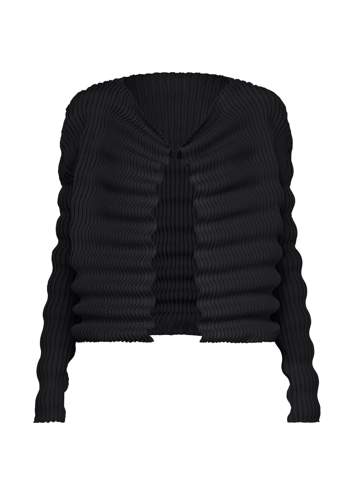 The SPRING PLEATS cardigan by ISSEY MIYAKE is a black, long-sleeve piece with a ribbed wavy texture, open front, and high-twist polyester construction, shown on a white background. view 1 of 6