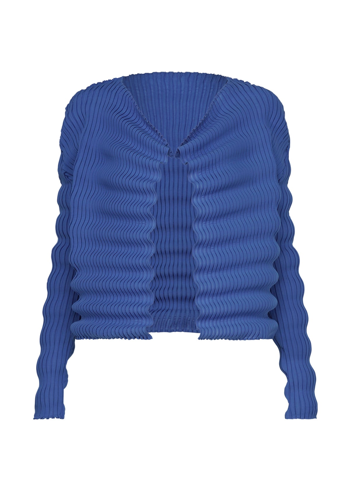 The ISSEY MIYAKE SPRING PLEATS is a deep blue, long-sleeve open-front cardigan crafted from high-twist polyester with handmade pleats and a ribbed, sculptural texture for a three-dimensional look. view 2 of 6