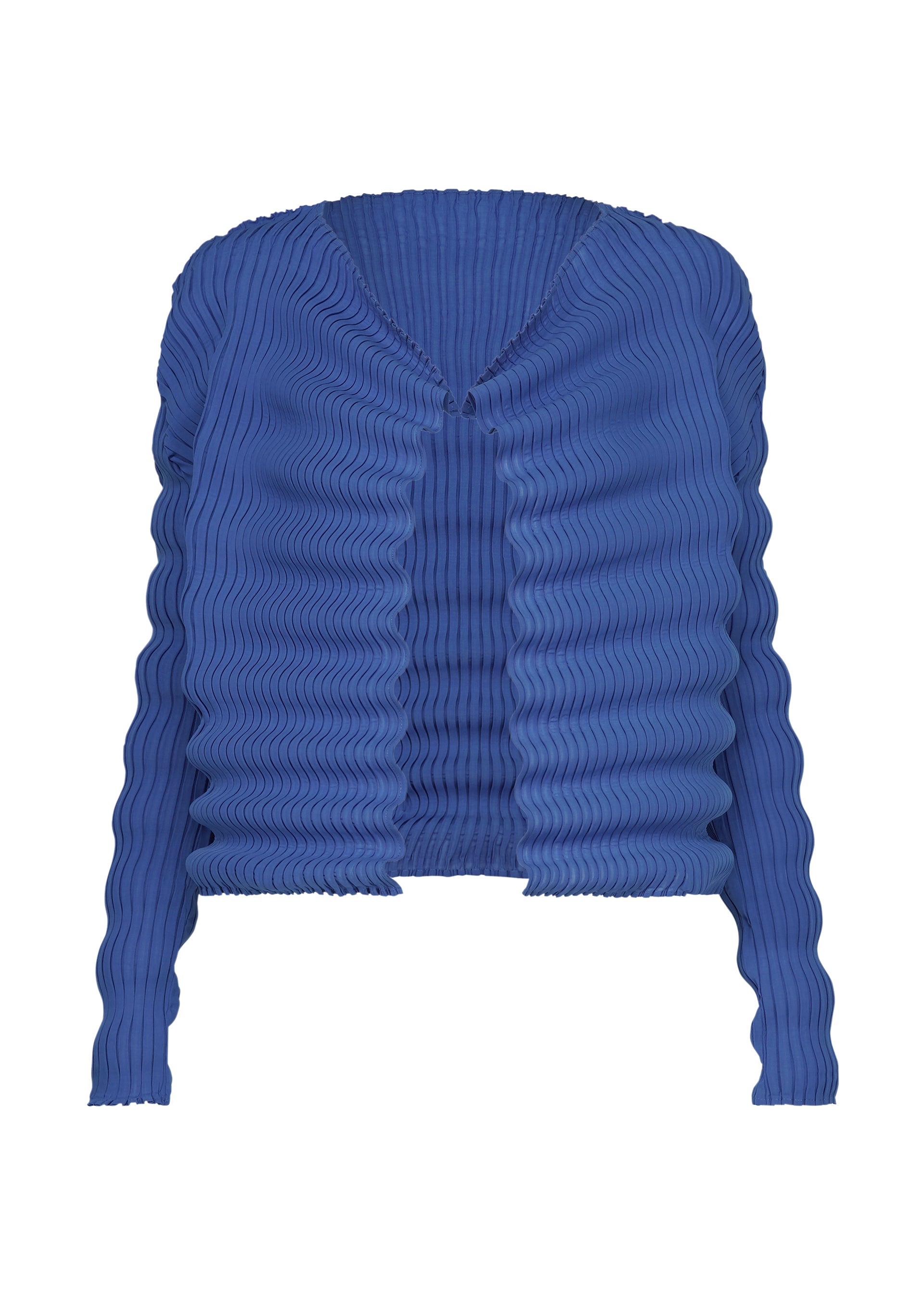 Zoomed view The ISSEY MIYAKE SPRING PLEATS is a deep blue, long-sleeve open-front cardigan crafted from high-twist polyester with handmade pleats and a ribbed, sculptural texture for a three-dimensional look. - STARLING BLUE （no.74）