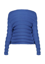 The SPRING PLEATS top by ISSEY MIYAKE is a vibrant blue, long-sleeved, off-the-shoulder piece with handmade pleats and textured, high-twist polyester fabric. This fitted silhouette features a clean look with no visible fastenings or embellishments.