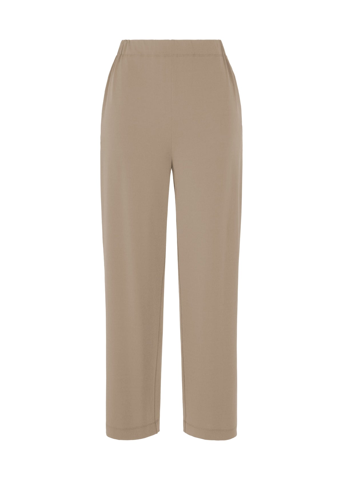 ISSEY MIYAKE's DRAPE JERSEY-66: Beige straight pants in a flowy jersey fabric with an elastic waistband and side pockets, shown against a plain white background. view 1 of 8