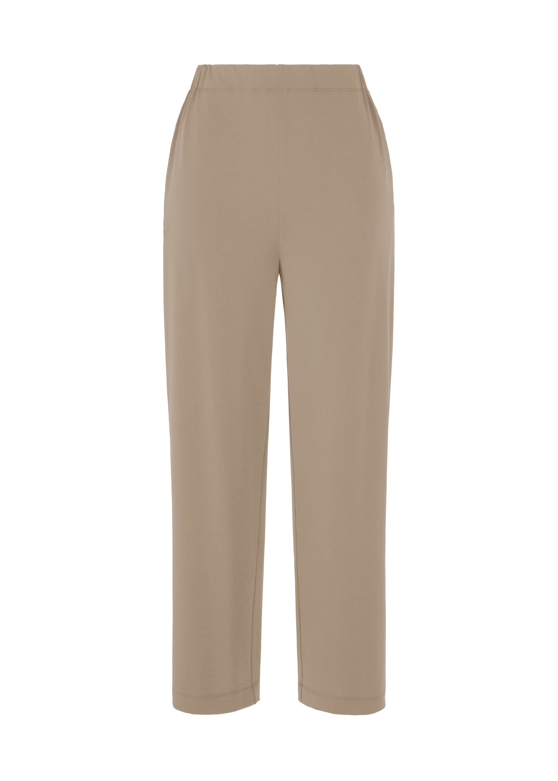 Zoomed view ISSEY MIYAKE's DRAPE JERSEY-66: Beige straight pants in a flowy jersey fabric with an elastic waistband and side pockets, shown against a plain white background. - GREIGE （no.10）