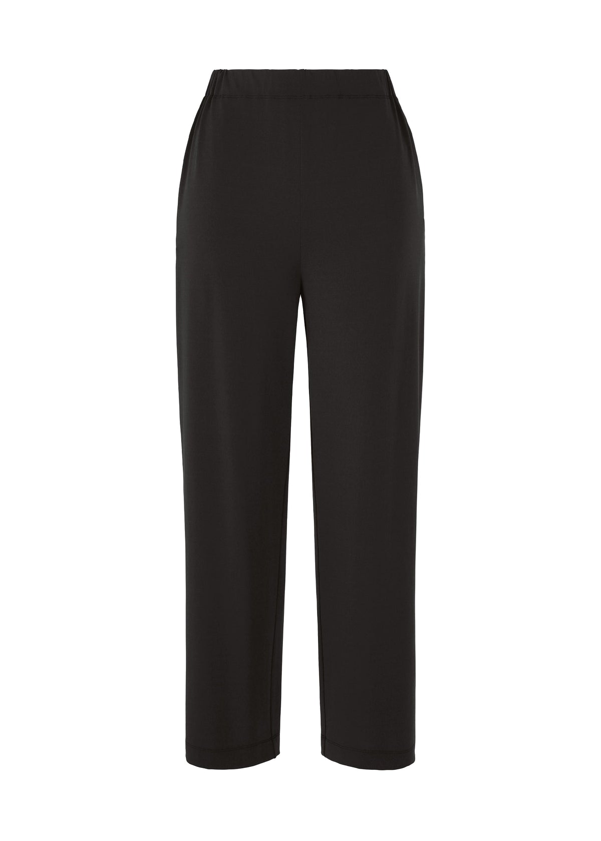 The ISSEY MIYAKE DRAPE JERSEY-66 pants feature an elastic waistband, side pockets, and a minimalist draped design for a flowy look in black jersey, shown against a plain white background. view 2 of 8