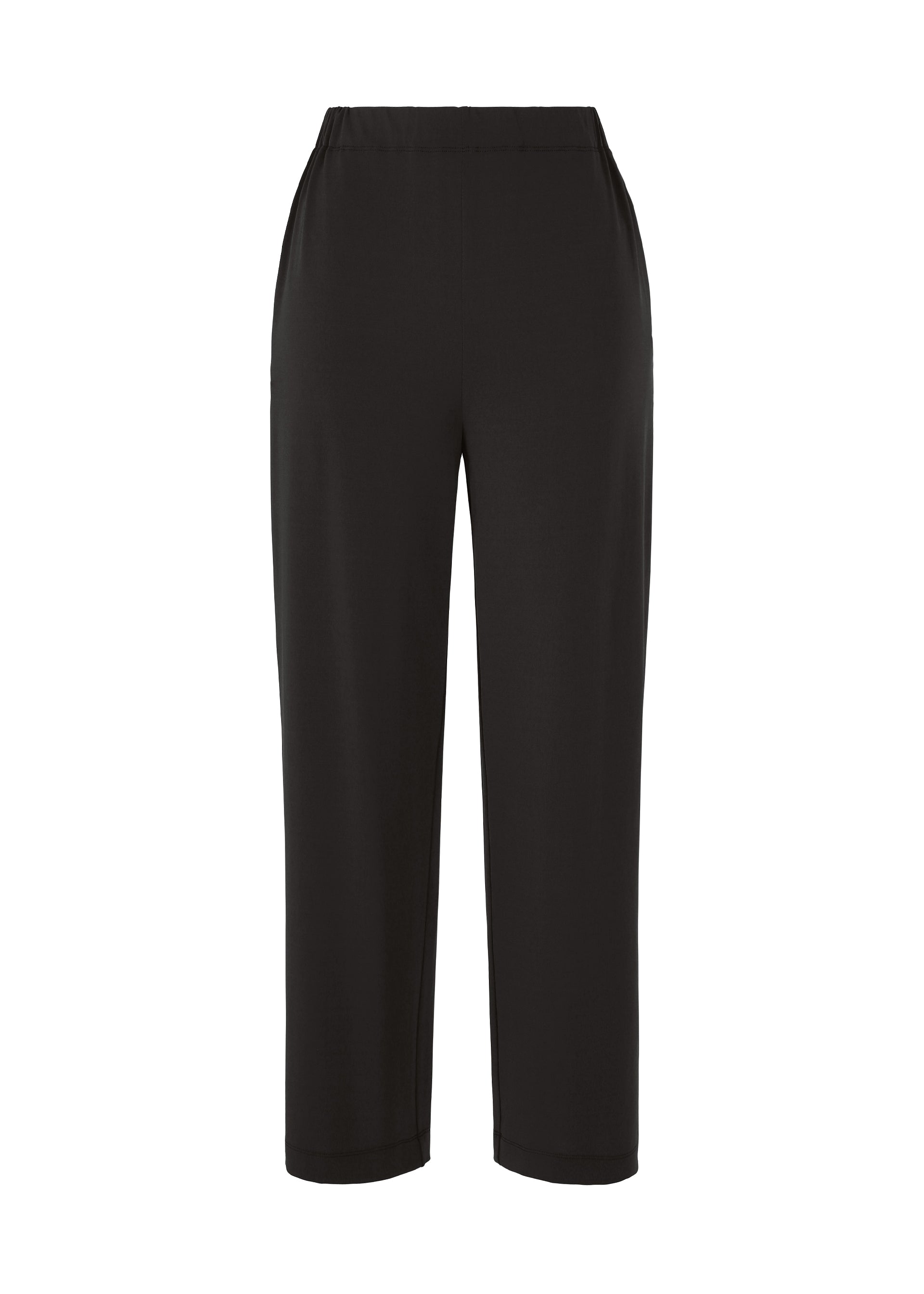 Zoomed view The ISSEY MIYAKE DRAPE JERSEY-66 pants feature an elastic waistband, side pockets, and a minimalist draped design for a flowy look in black jersey, shown against a plain white background. - BLACK （no.15）
