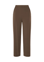 The ISSEY MIYAKE DRAPE JERSEY-66 pants feature a brown hue, straight cut, elastic waistband, and side pockets with a subtle draped design for a flowy look. Shown on a plain white background. - DARK BROWN (no.45)