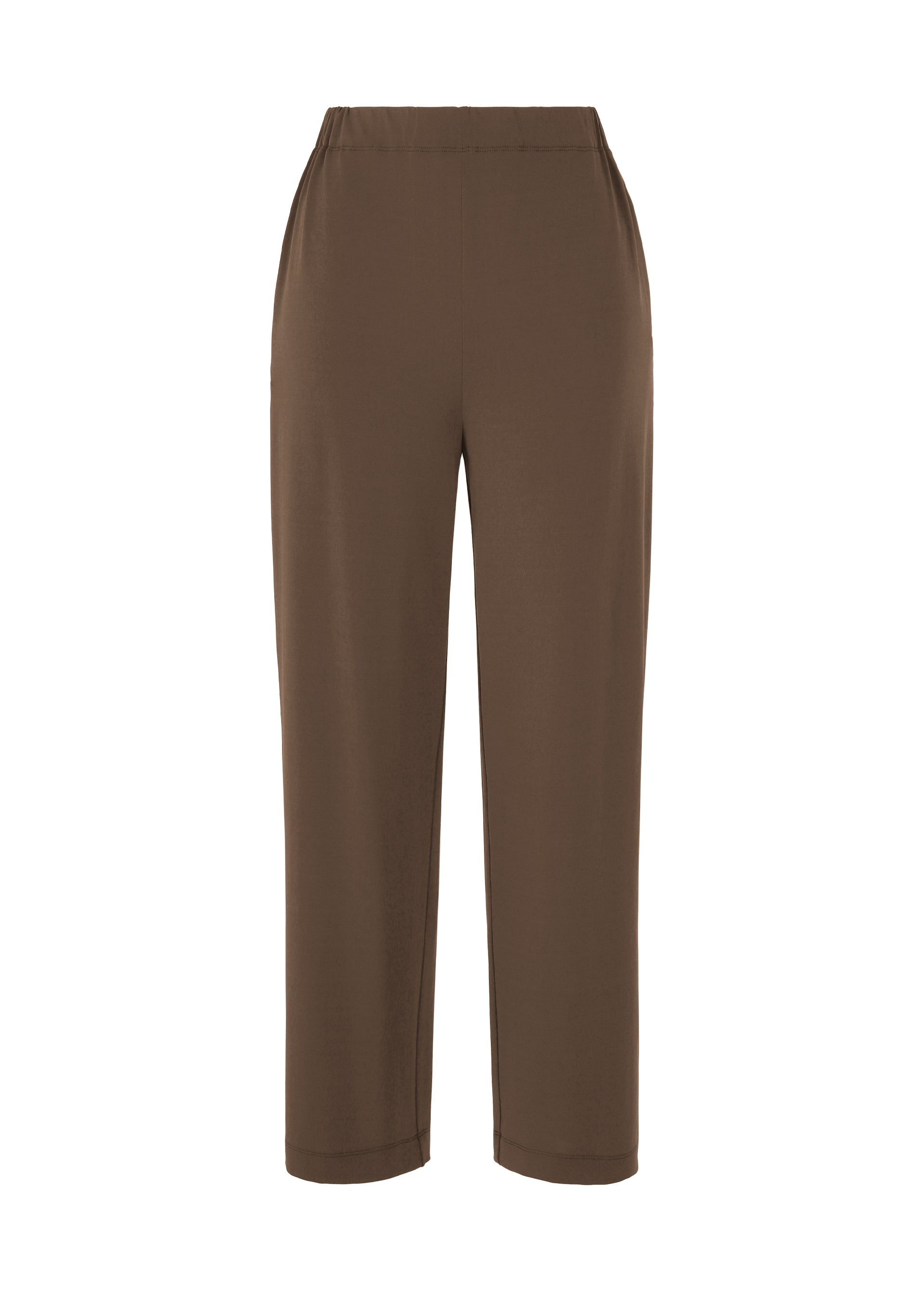 Zoomed view The ISSEY MIYAKE DRAPE JERSEY-66 pants feature a brown hue, straight cut, elastic waistband, and side pockets with a subtle draped design for a flowy look. Shown on a plain white background. - DARK BROWN (no.45)