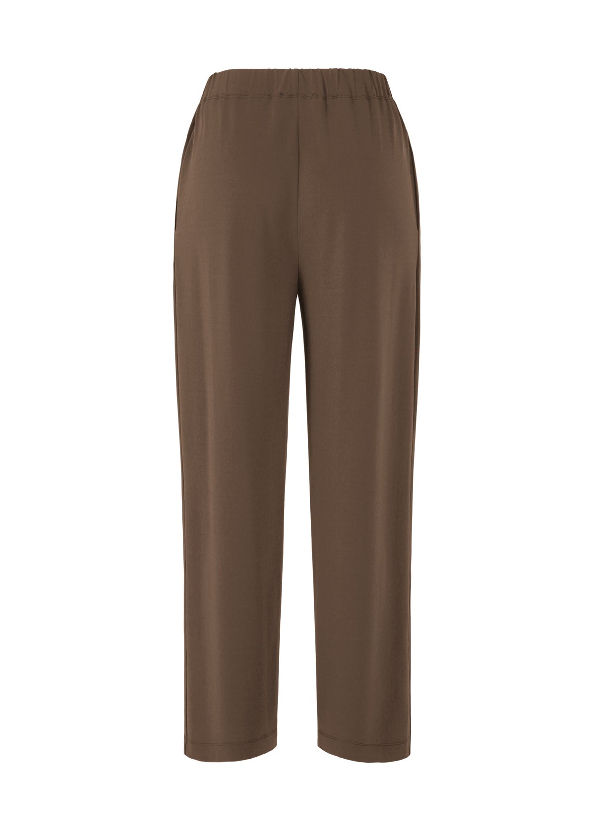 ISSEY MIYAKE's DRAPE JERSEY-66: Brown straight jersey pants with an elastic waistband and side pockets, featuring a flowy draped design. Shown in front view on a plain white background. view 4 of 8