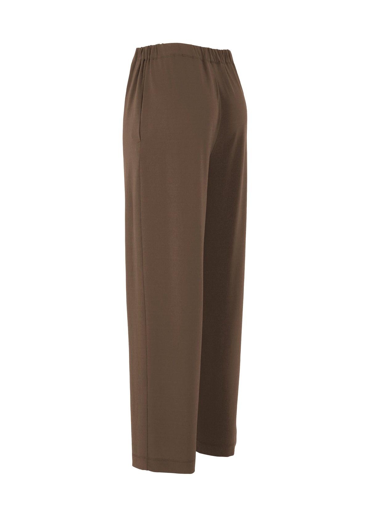 The ISSEY MIYAKE DRAPE JERSEY-66 features brown straight pants with an elastic waistband, displayed from a side view against a white background. The soft draped jersey fabric ensures comfort and effortless style for daily wear. view 5 of 8