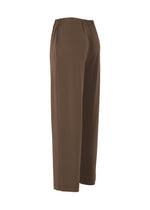 The ISSEY MIYAKE DRAPE JERSEY-66 features brown straight pants with an elastic waistband, displayed from a side view against a white background. The soft draped jersey fabric ensures comfort and effortless style for daily wear.