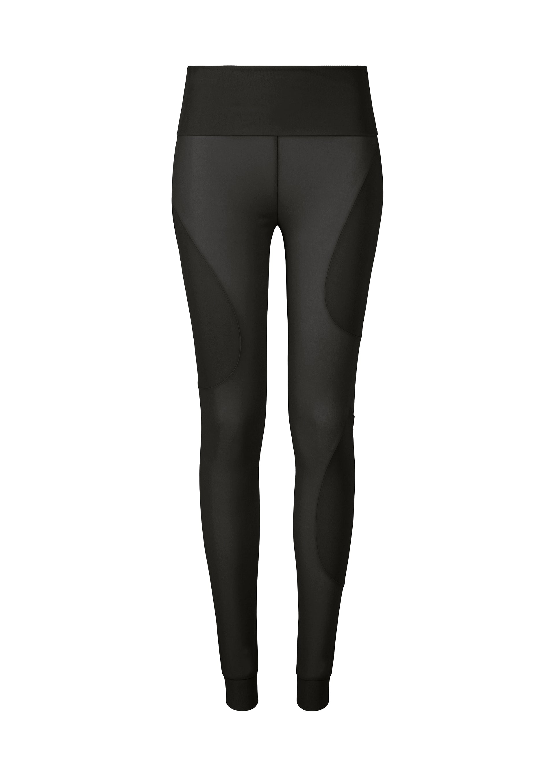 Zoomed view ISSEY MIYAKE A SHOPPER'S BODY: Black high-waisted athletic leggings featuring unique pockets and subtle mesh panels on the thighs and calves, shown against a white background. - BLACK (no.15)