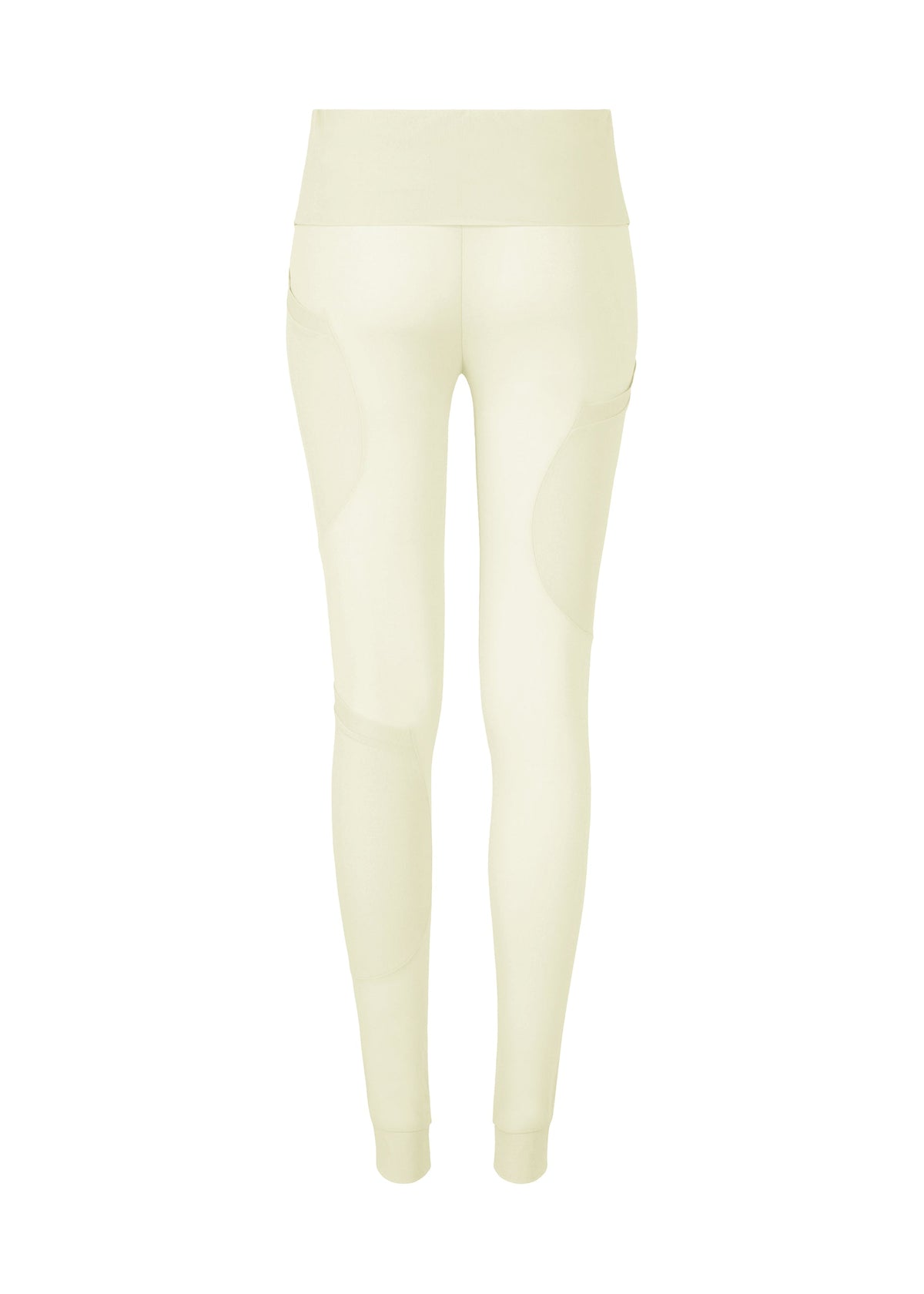 Back view of A SHOPPER'S BODY pants by ISSEY MIYAKE in high-waisted light beige, featuring ribbed detailing on the waistband, sides, and knees, set against a white background. view 3 of 4