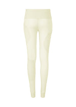 Back view of A SHOPPER'S BODY pants by ISSEY MIYAKE in high-waisted light beige, featuring ribbed detailing on the waistband, sides, and knees, set against a white background.