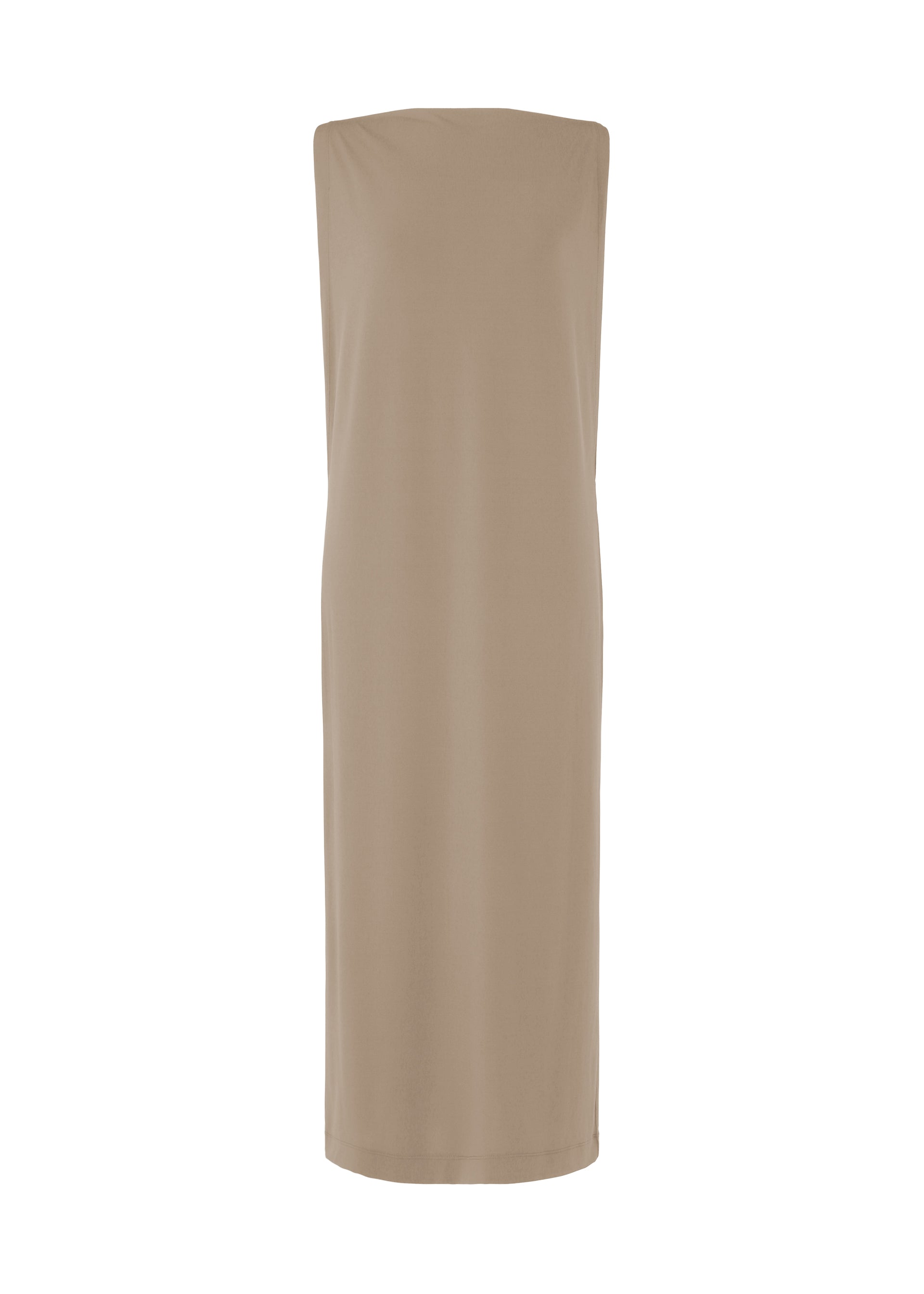 Zoomed view The ISSEY MIYAKE DRAPE JERSEY-66 is a beige, sleeveless jersey dress with a straight knee-length silhouette and minimal detailing, shown against a plain white background. - GREIGE （no.10）
