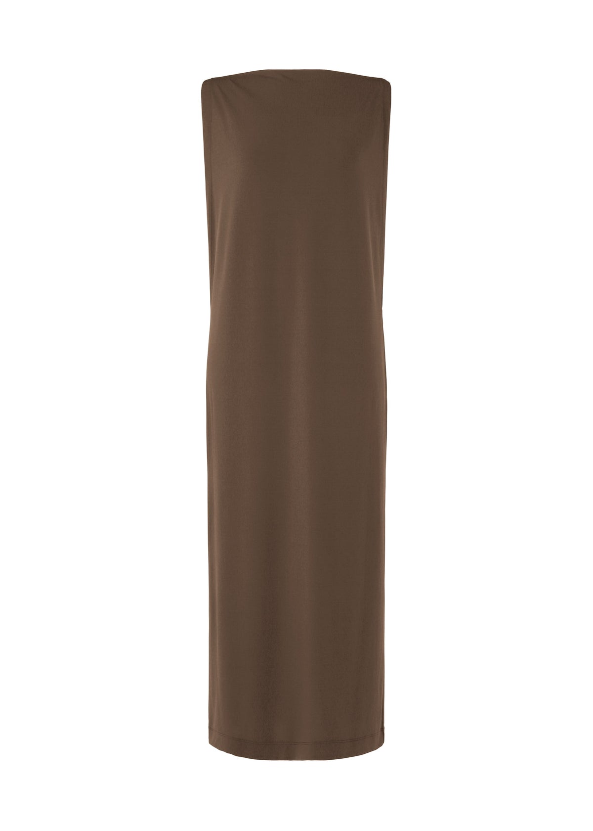 The ISSEY MIYAKE DRAPE JERSEY-66 is a brown, sleeveless knee-length dress with a straight, flowy draped design, shown against a plain white background. view 3 of 7