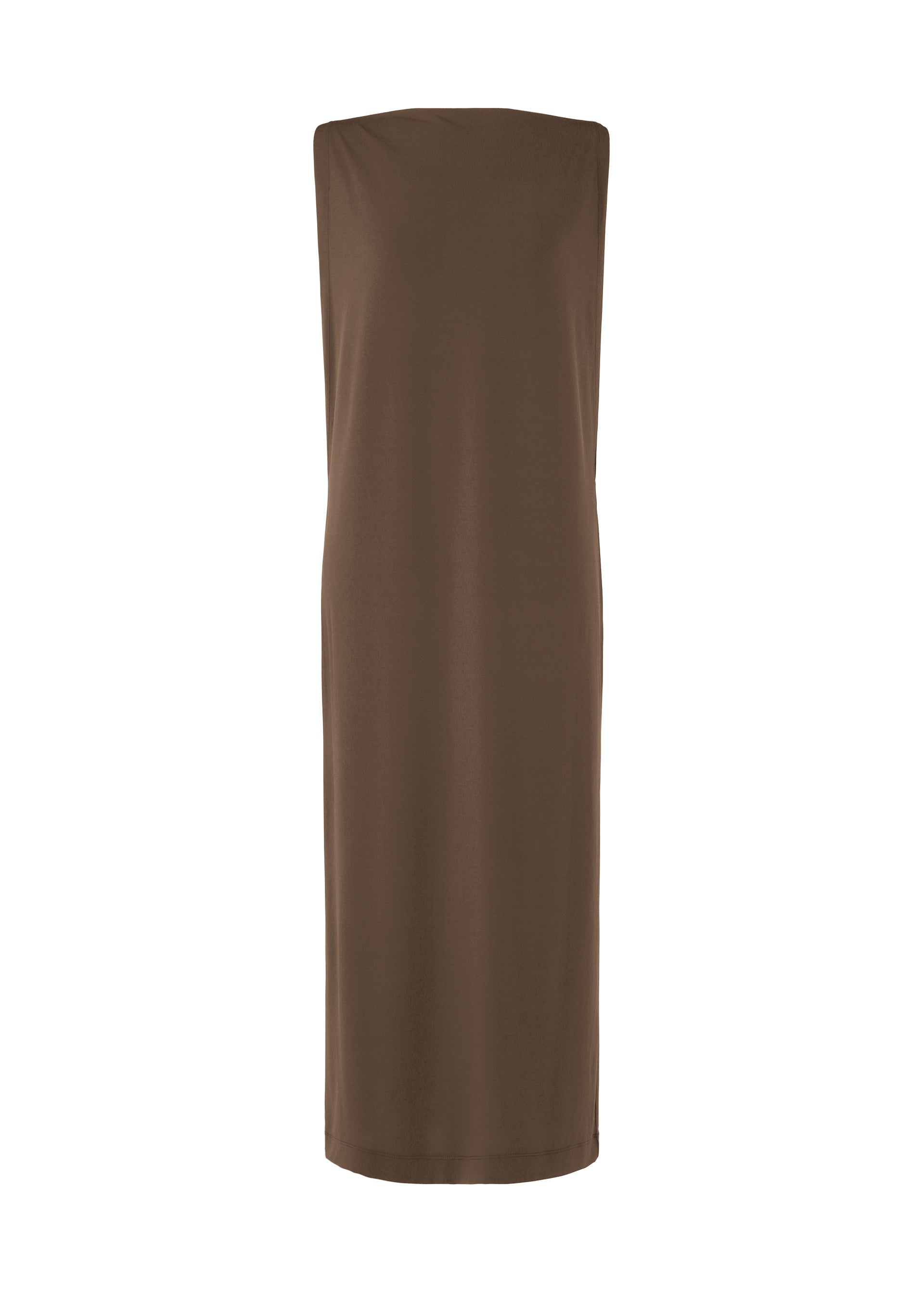 Zoomed view The ISSEY MIYAKE DRAPE JERSEY-66 is a brown, sleeveless knee-length dress with a straight, flowy draped design, shown against a plain white background. - DARK BROWN （no.45）