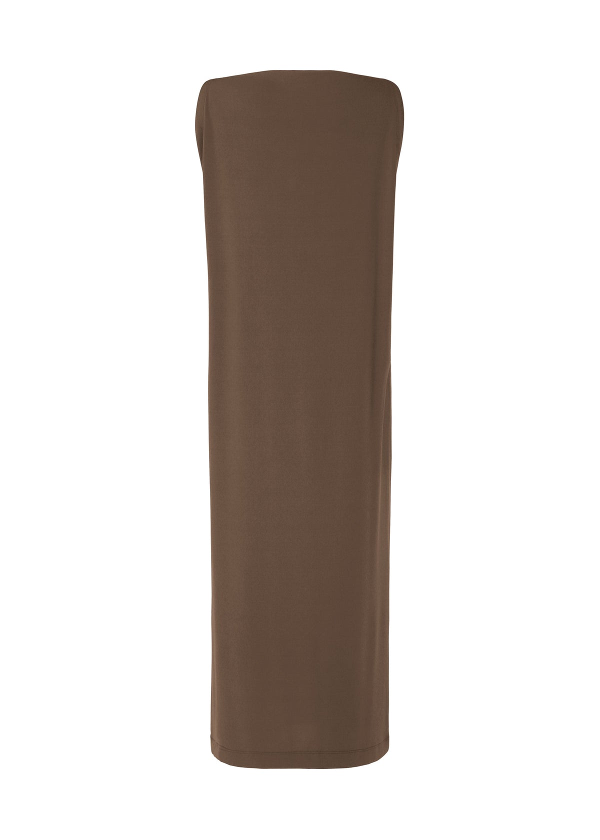 The ISSEY MIYAKE DRAPE JERSEY-66 is a brown sleeveless dress with a strapless neckline and flowy, draped silhouette in a straight, loose fit, shown against a white background. view 4 of 7