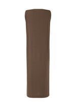 The ISSEY MIYAKE DRAPE JERSEY-66 is a brown sleeveless dress with a strapless neckline and flowy, draped silhouette in a straight, loose fit, shown against a white background.