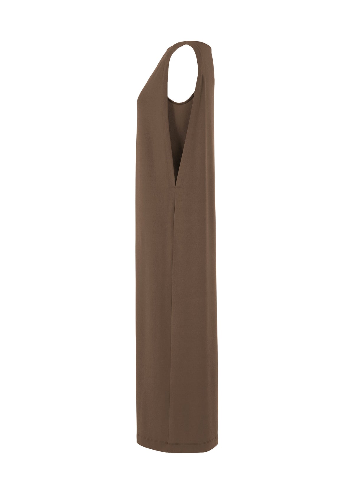 The ISSEY MIYAKE DRAPE JERSEY-66 is a brown, ankle-length sleeveless dress with a deep V-neck and relaxed, flowy draped design, shown on a plain white background. view 5 of 7