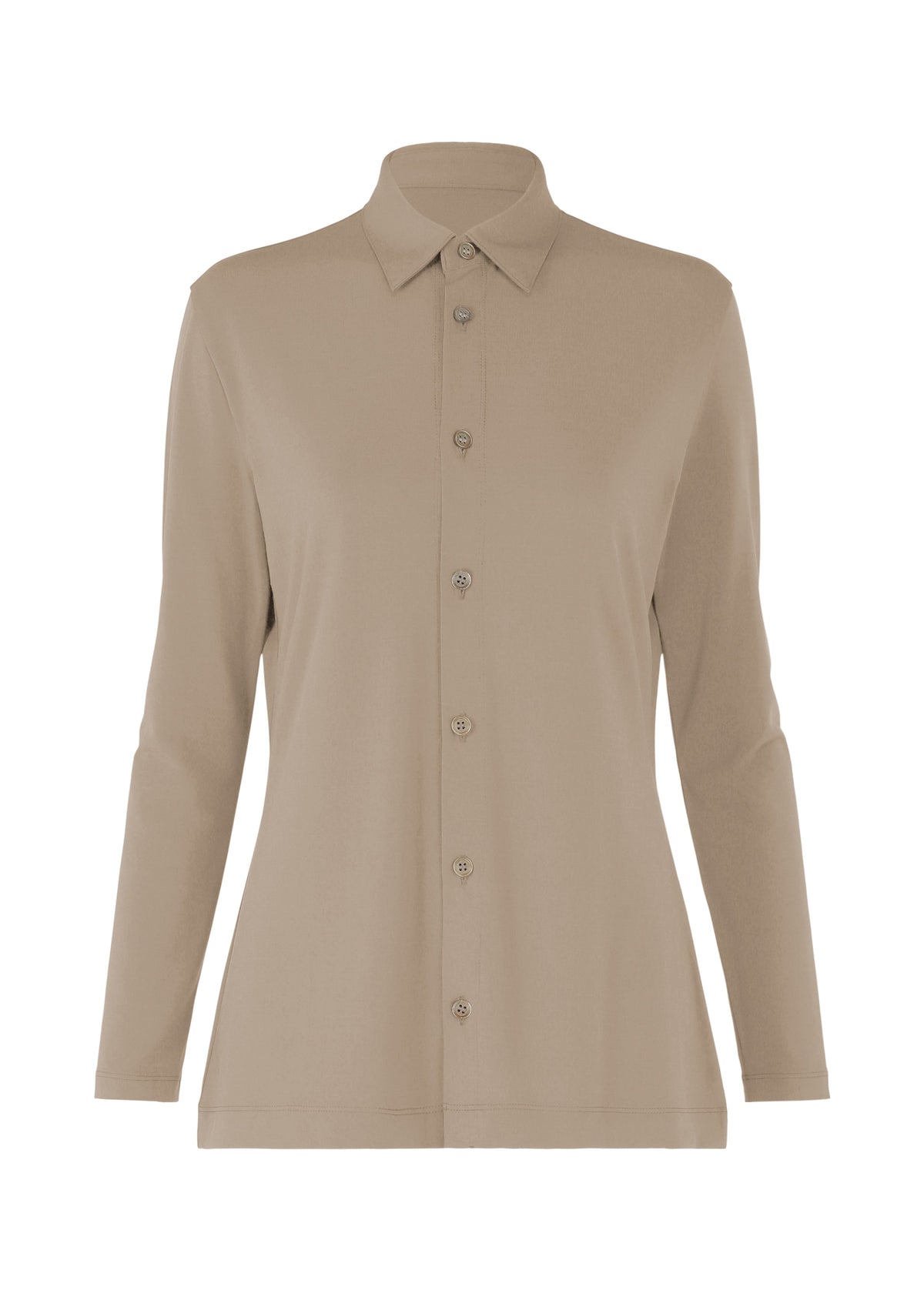 The ISSEY MIYAKE DRAPE JERSEY-66 is a beige, long-sleeve button-up shirt with a draped design, tailored fit, classic collar, and simple front buttons, shown against a plain white background. view 1 of 7