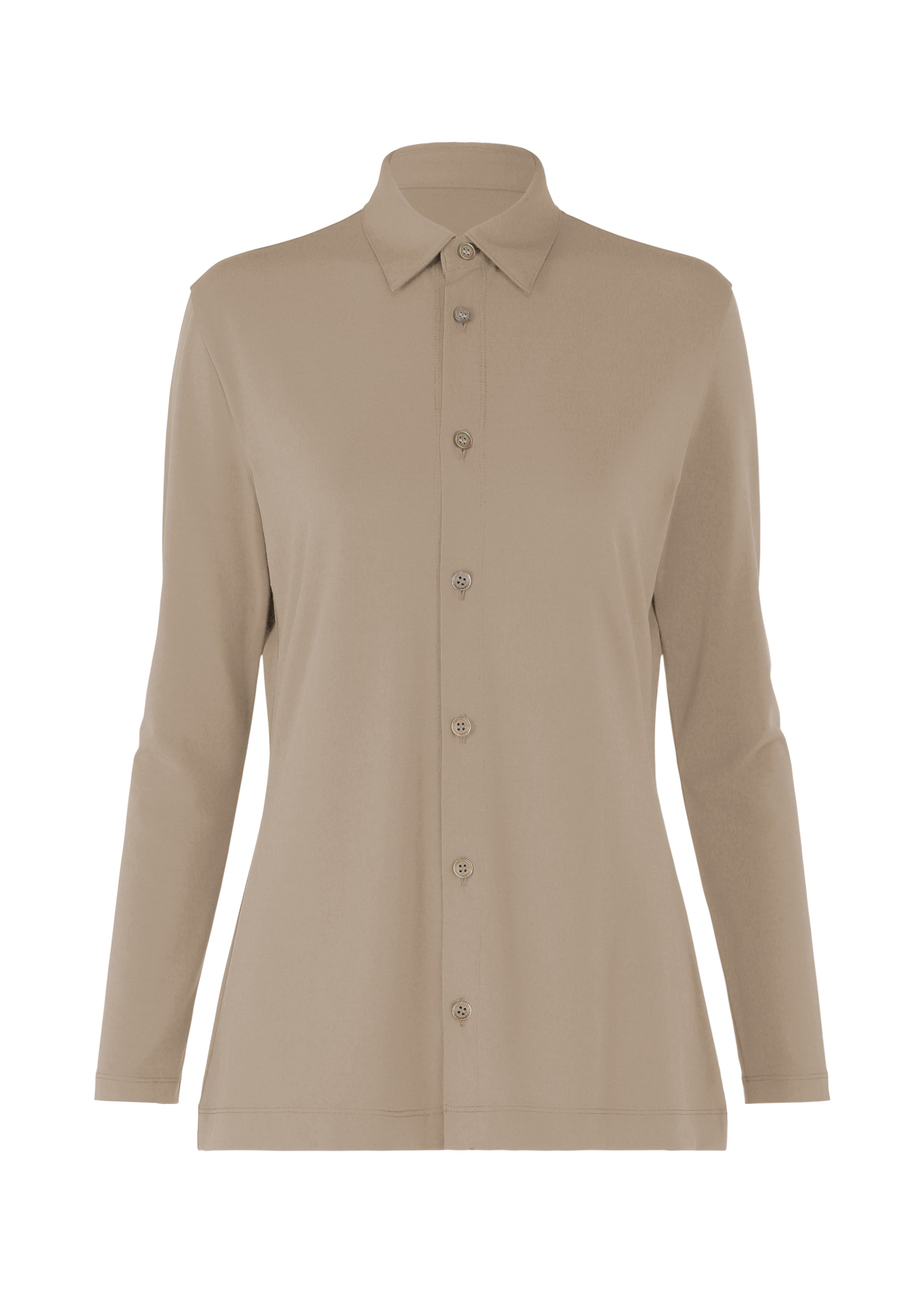 Zoomed view The ISSEY MIYAKE DRAPE JERSEY-66 is a beige, long-sleeve button-up shirt with a draped design, tailored fit, classic collar, and simple front buttons, shown against a plain white background. - GREIGE （no.10）