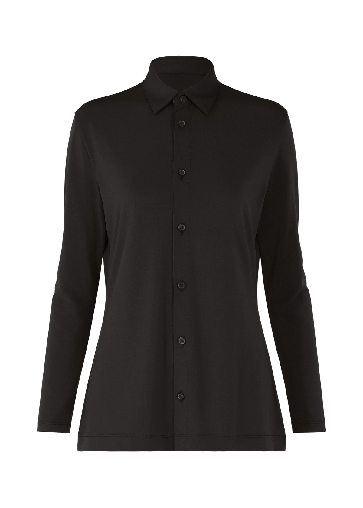 The ISSEY MIYAKE DRAPE JERSEY-66 is a plain black, long-sleeve button-up shirt with a pointed collar and flowy fit, shown on a white background. The jersey features a simple, classic design with no visible patterns or embellishments. view 2 of 7