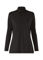 The ISSEY MIYAKE DRAPE JERSEY-66 is a plain black, long-sleeve button-up shirt with a pointed collar and flowy fit, shown on a white background. The jersey features a simple, classic design with no visible patterns or embellishments. - BLACK （no.15）
