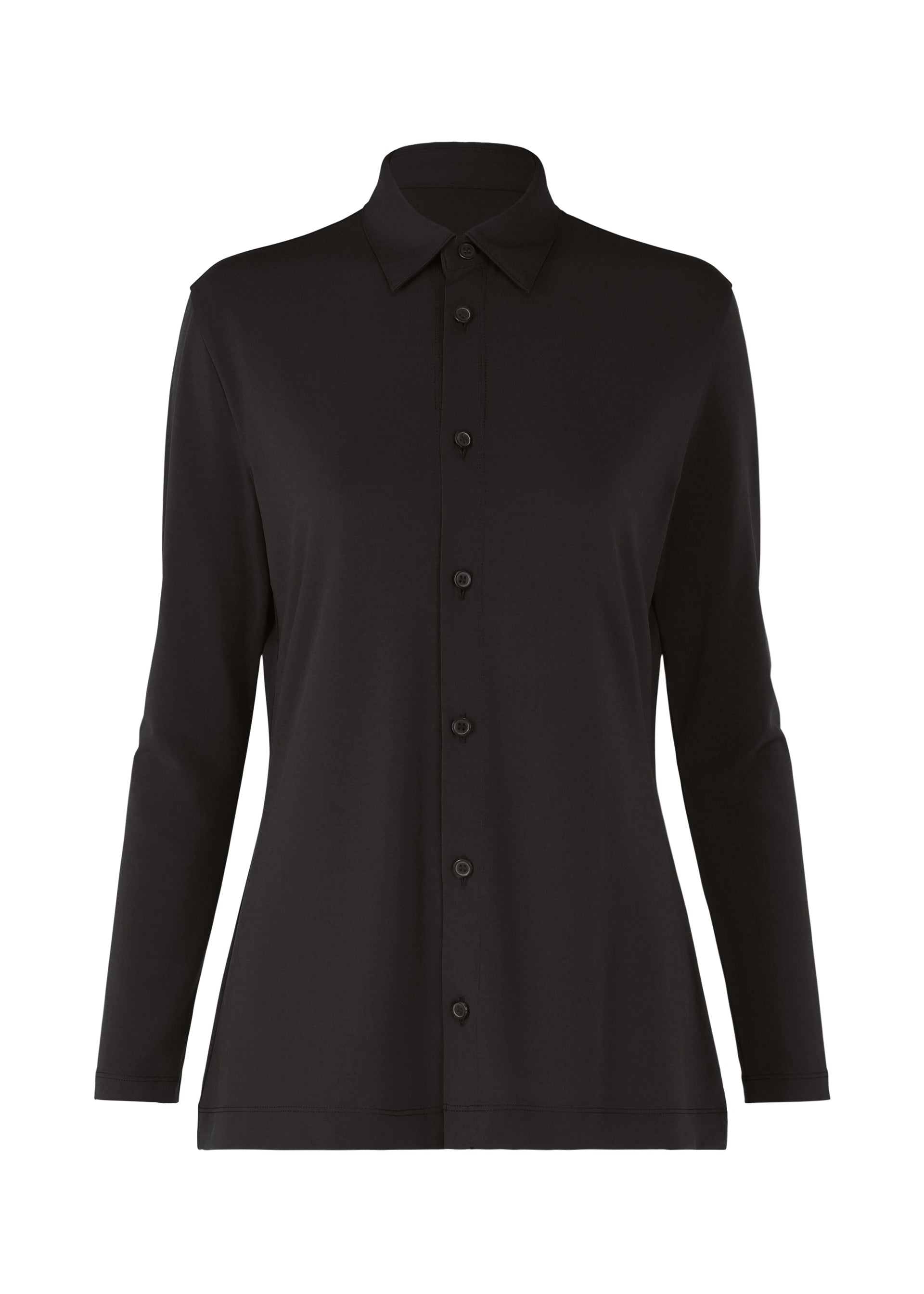 Zoomed view The ISSEY MIYAKE DRAPE JERSEY-66 is a plain black, long-sleeve button-up shirt with a pointed collar and flowy fit, shown on a white background. The jersey features a simple, classic design with no visible patterns or embellishments. - BLACK （no.15）