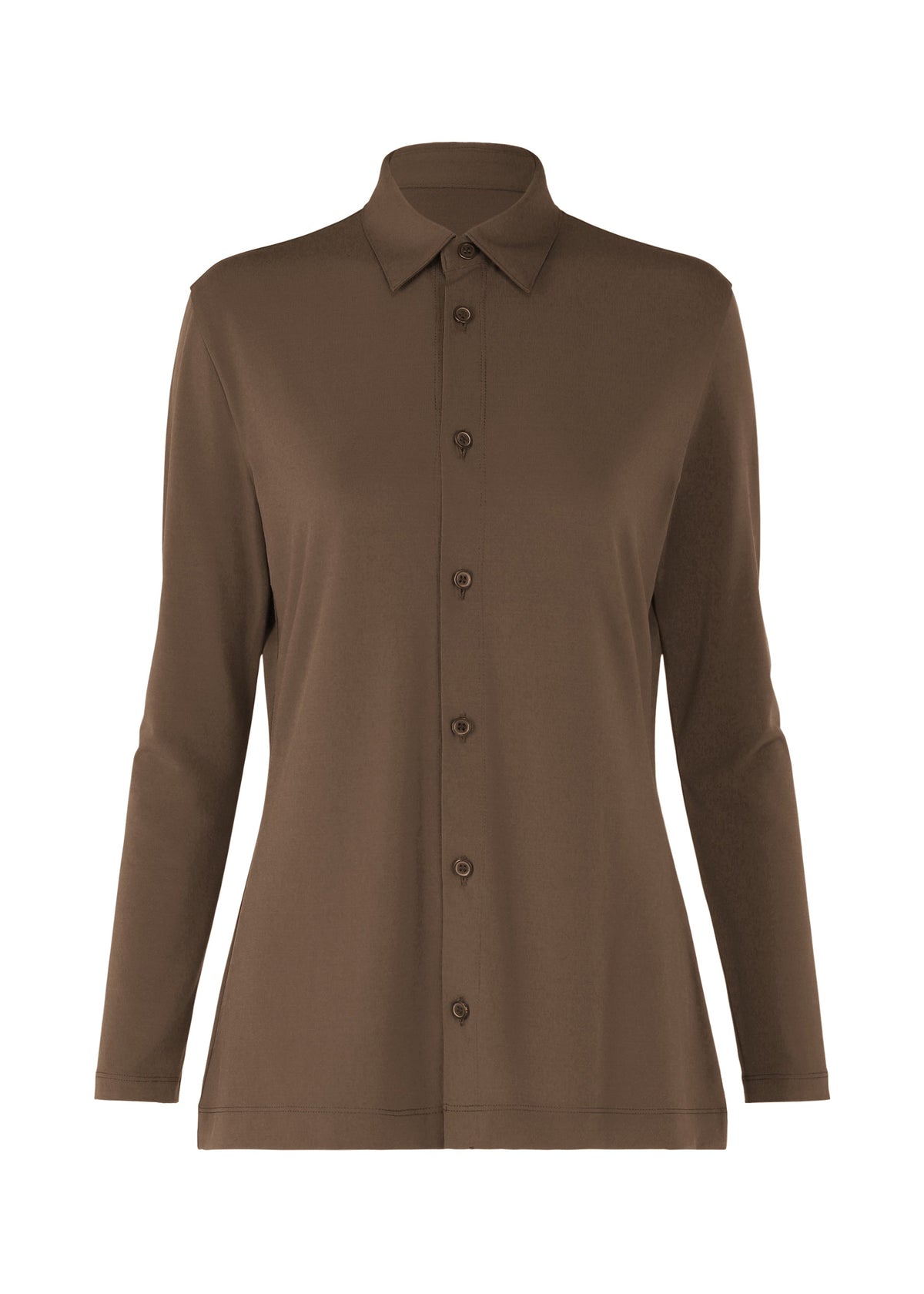The ISSEY MIYAKE DRAPE JERSEY-66 is a plain brown long-sleeve button-up flowy shirt with a collar, shown on a white background. view 3 of 7