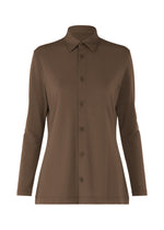 The ISSEY MIYAKE DRAPE JERSEY-66 is a plain brown long-sleeve button-up flowy shirt with a collar, shown on a white background. - DARK BROWN （no.45）