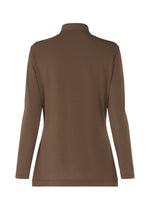 The DRAPE JERSEY-66 by ISSEY MIYAKE is a plain brown long-sleeve top with a high collar, shown from the back. Its smooth fabric and minimalist design highlight the elegance of a jersey shirt without patterns or extra details.