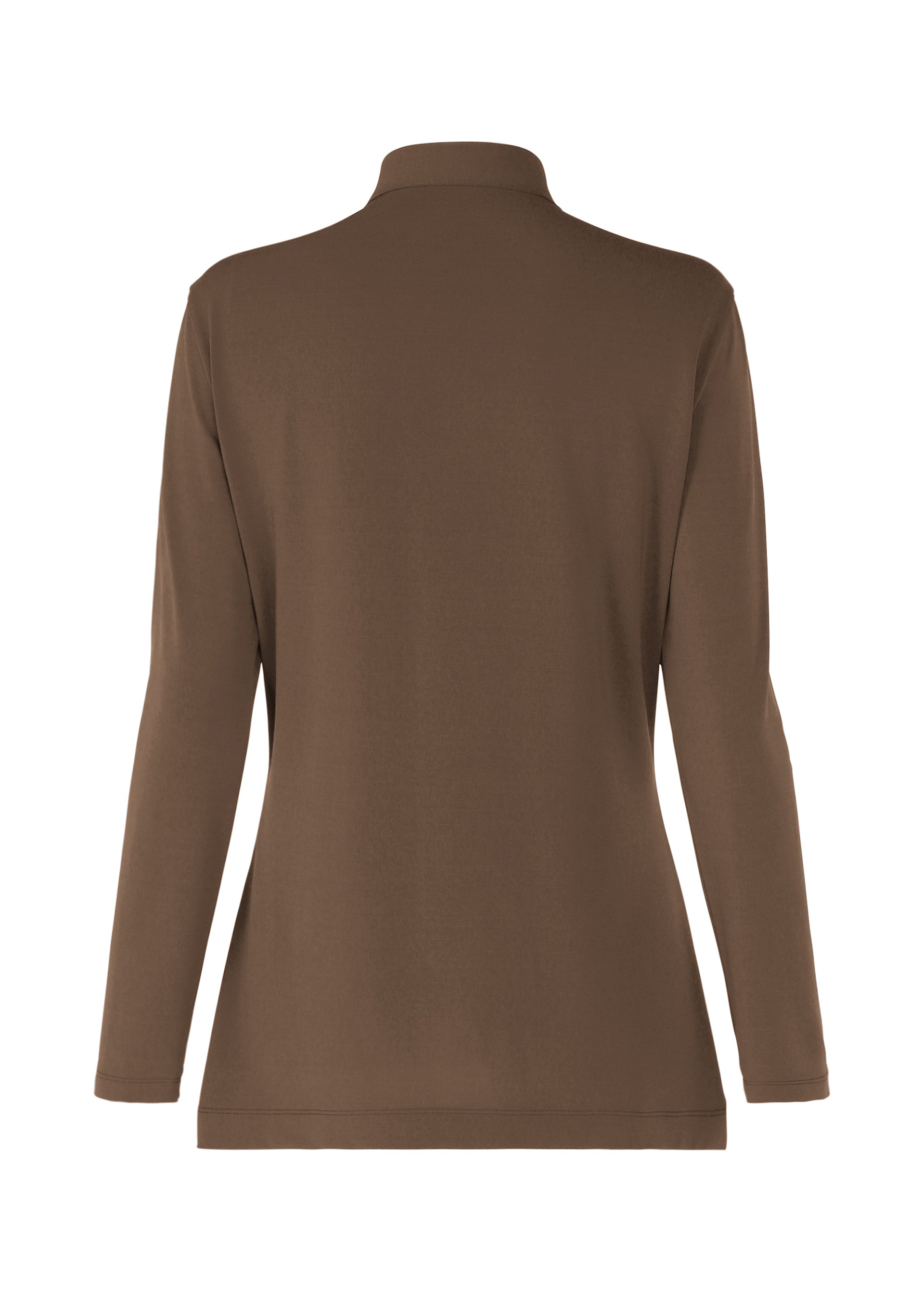 Zoomed view The DRAPE JERSEY-66 by ISSEY MIYAKE is a plain brown long-sleeve top with a high collar, shown from the back. Its smooth fabric and minimalist design highlight the elegance of a jersey shirt without patterns or extra details.