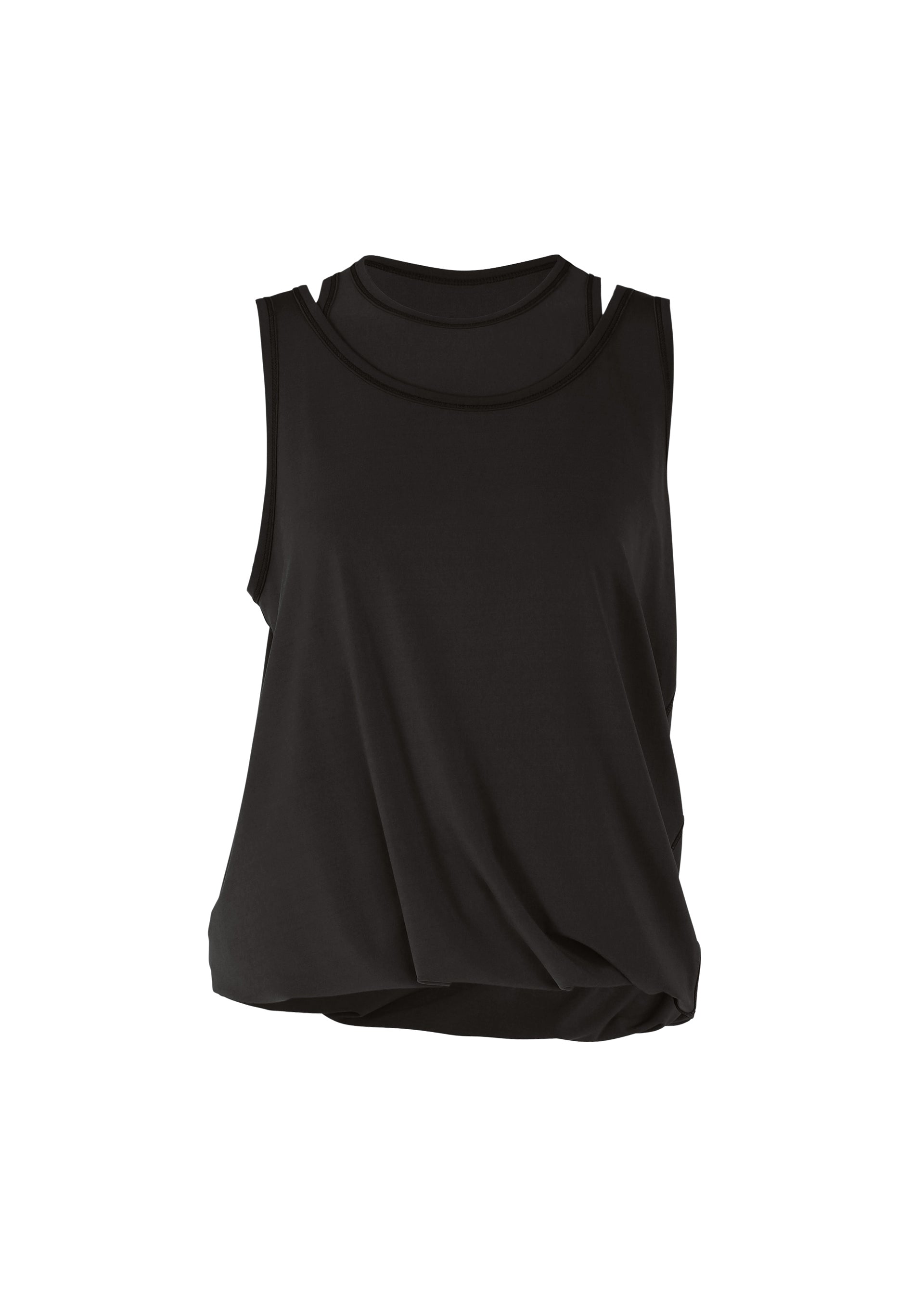 Zoomed view The ISSEY MIYAKE DRAPE JERSEY-66 is a sleeveless black top with a relaxed fit, round neckline, and subtle drape, shown on a plain white background. - BLACK （no.15）