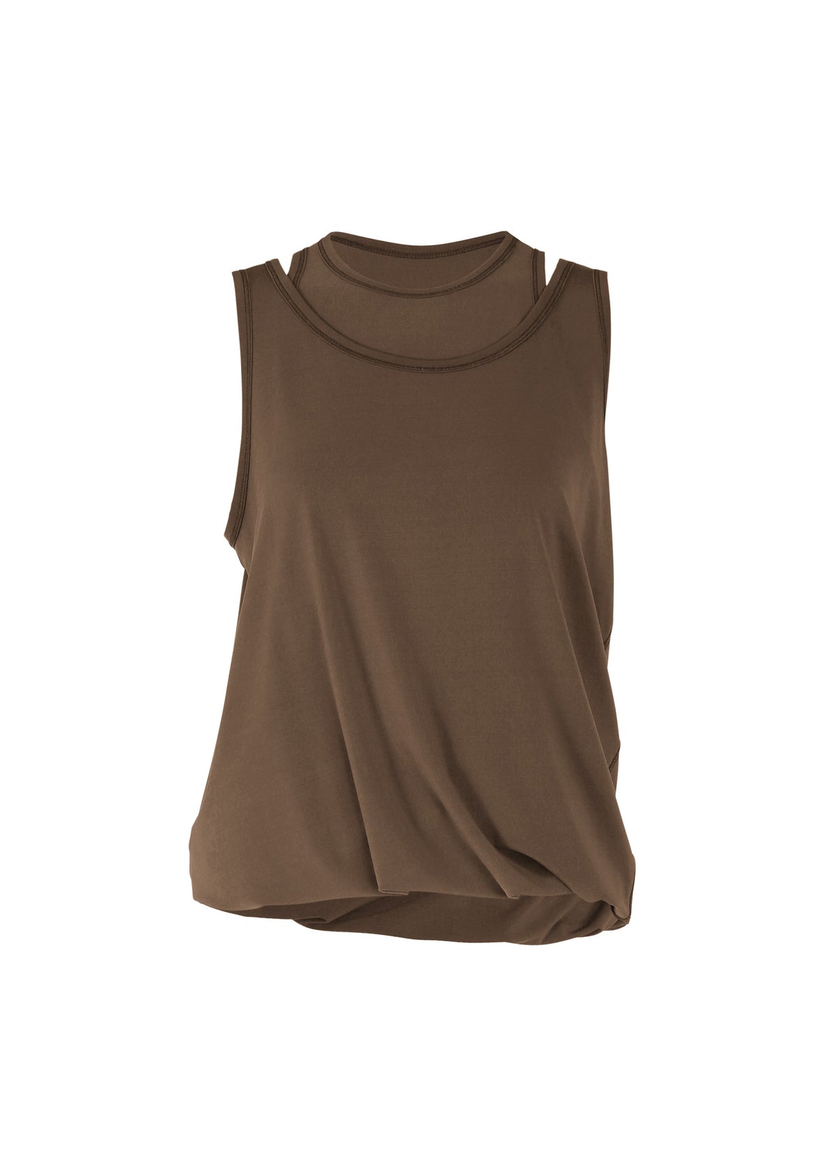 The ISSEY MIYAKE DRAPE JERSEY-66 is a sleeveless brown top with a round neckline, relaxed fit, and an asymmetrical draped hem, shown against a plain white background. view 3 of 8