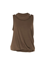The ISSEY MIYAKE DRAPE JERSEY-66 is a sleeveless brown top with a round neckline, relaxed fit, and an asymmetrical draped hem, shown against a plain white background. - DARK BROWN（no.45)