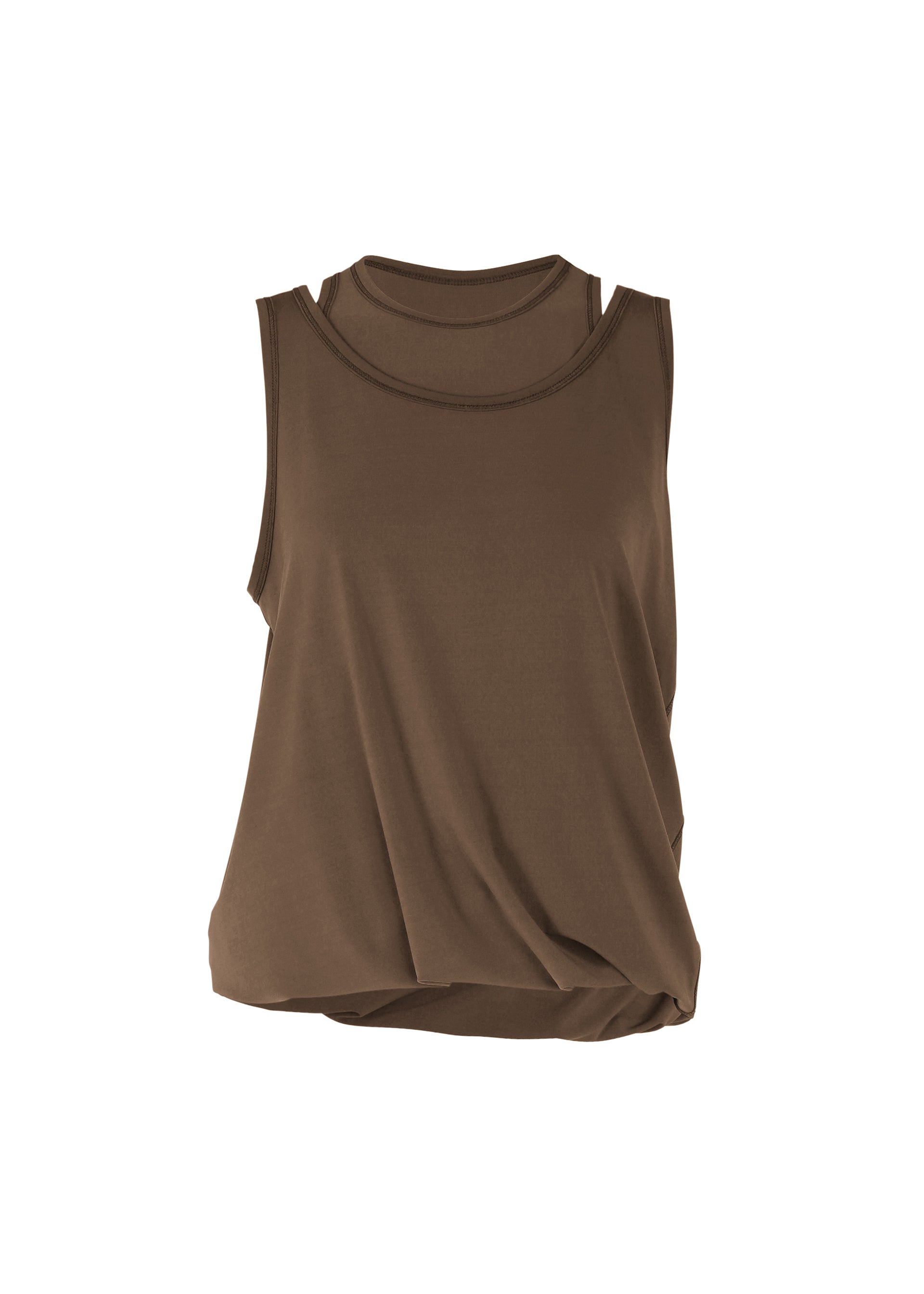 Zoomed view The ISSEY MIYAKE DRAPE JERSEY-66 is a sleeveless brown top with a round neckline, relaxed fit, and an asymmetrical draped hem, shown against a plain white background. - DARK BROWN（no.45)