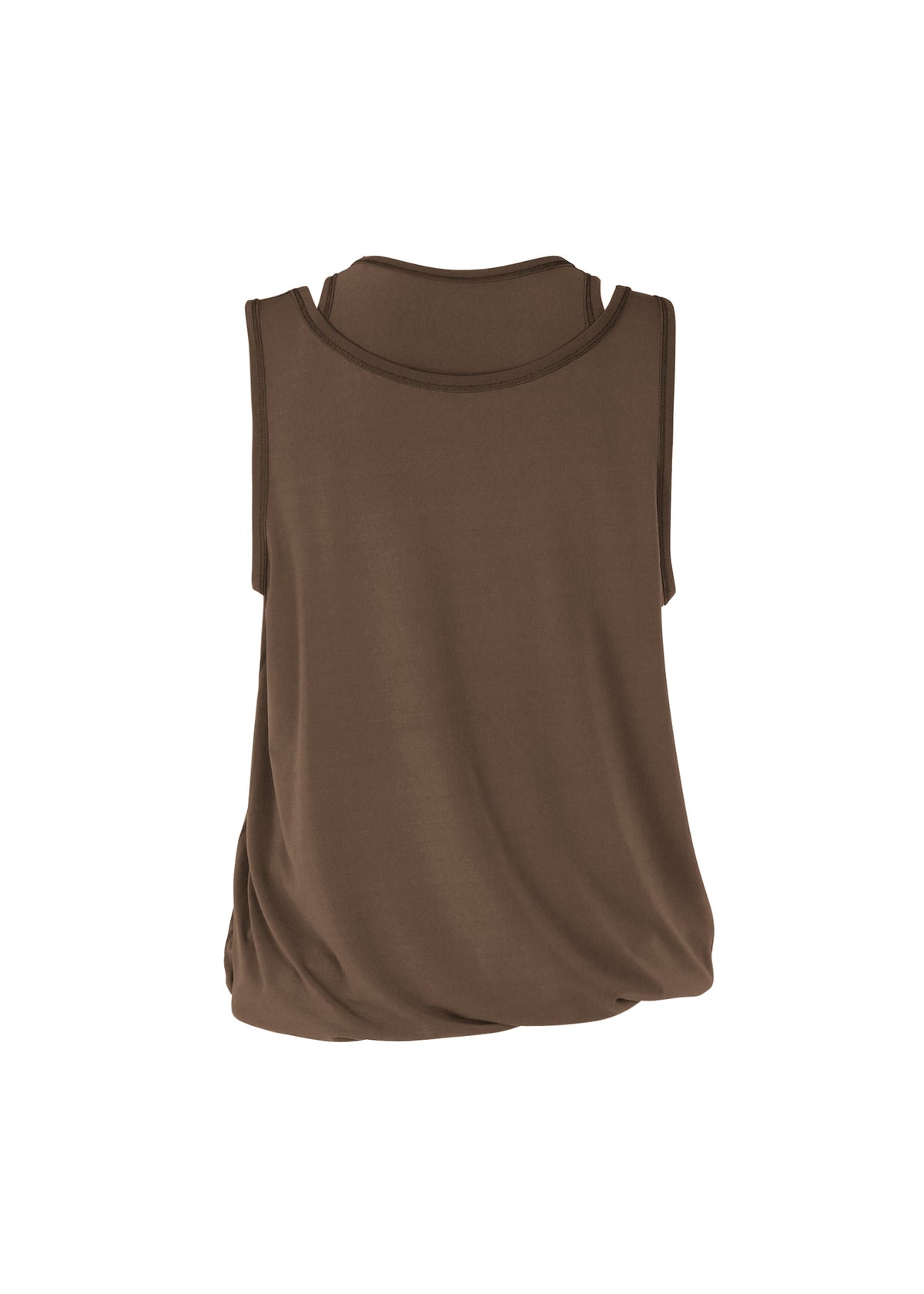 The ISSEY MIYAKE DRAPE JERSEY-66 sleeveless top is shown from the back with a loose fit, round neckline, and subtle draping, displayed against a plain white background. view 4 of 8
