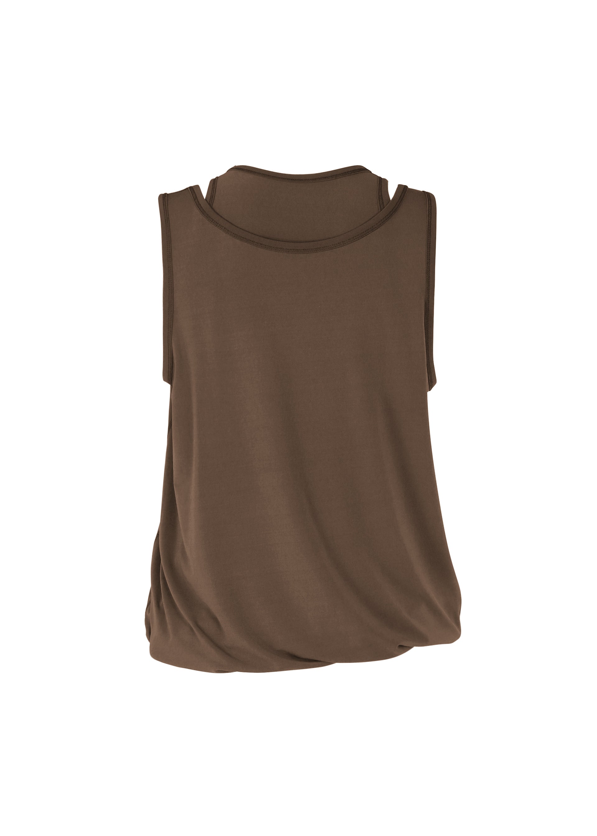 Zoomed view The ISSEY MIYAKE DRAPE JERSEY-66 sleeveless top is shown from the back with a loose fit, round neckline, and subtle draping, displayed against a plain white background.
