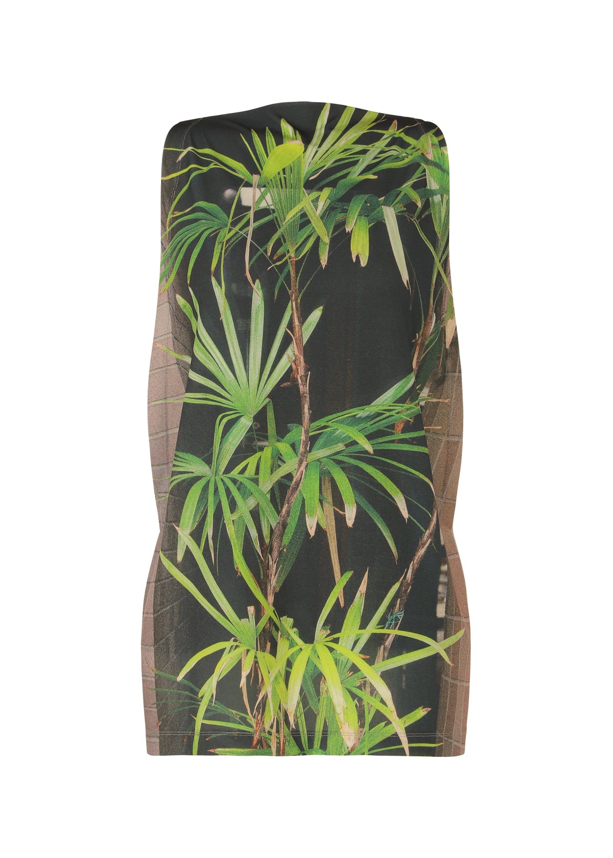 The ISSEY MIYAKE URBAN JUNGLE JERSEY is a sleeveless, form-fitting dress made from soft jersey, showcasing a realistic green jungle print on a dark background and displayed on a plain white surface. view 1 of 8