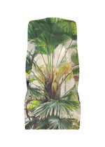 The ISSEY MIYAKE URBAN JUNGLE JERSEY is a sleeveless dress in soft jersey, featuring a vibrant green palm leaf print on a light background, shown on a white surface. - GREEN-HUED （no.66）