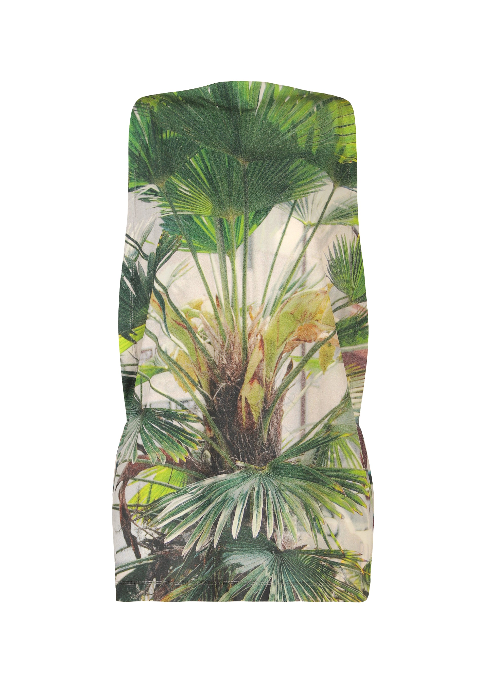 Zoomed view The ISSEY MIYAKE URBAN JUNGLE JERSEY is a sleeveless dress in soft jersey, featuring a vibrant green palm leaf print on a light background, shown on a white surface. - GREEN-HUED （no.66）