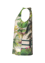 The ISSEY MIYAKE URBAN JUNGLE JERSEY is a sleeveless tank top featuring a green palm leaf jungle print, made from soft jersey fabric and shown from the side against a white background.