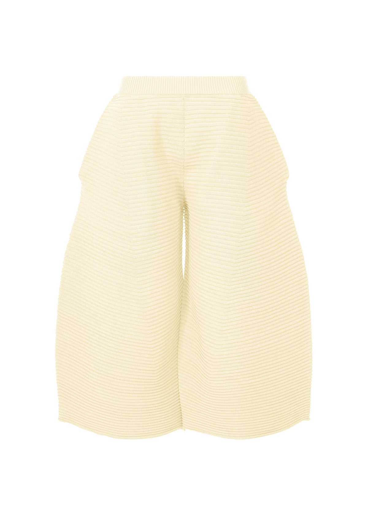 ISSEY MIYAKE’s CORRUGATED KNIT pants are wide-leg, high-waisted cream knitwear with ribbed texture, sculpted side panels, and heat-bonded thread details, shown here against a white background. view 1 of 8