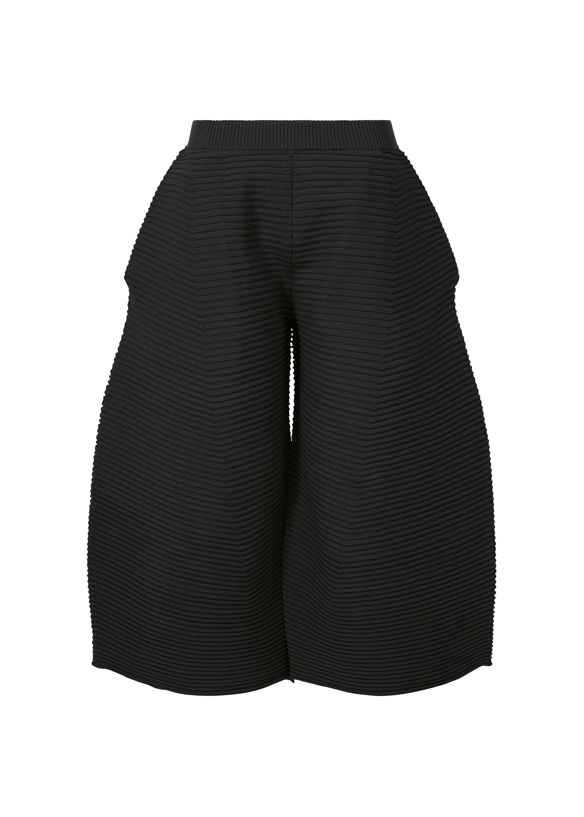 Zoomed view The CORRUGATED KNIT by ISSEY MIYAKE features high-waisted, wide-leg black pants in ribbed fabric with a sculptural silhouette and exaggerated hips. Crafted with heat-bonded thread for texture and durability, shown on a white background. - BLACK （no.15）